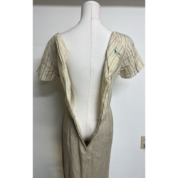 Vintage Dan Keller Tan Wiggle Dress Short Sleeve Stripes Union Label Mod 50s 60s - Picture 3 of 9